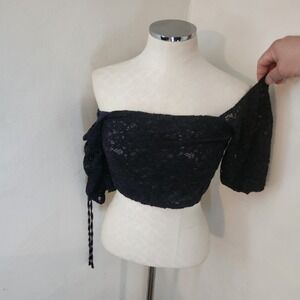 Zara Lace Off Shoulder Crop Top Blue‎ Short Sleeve Smocked Party Blouse